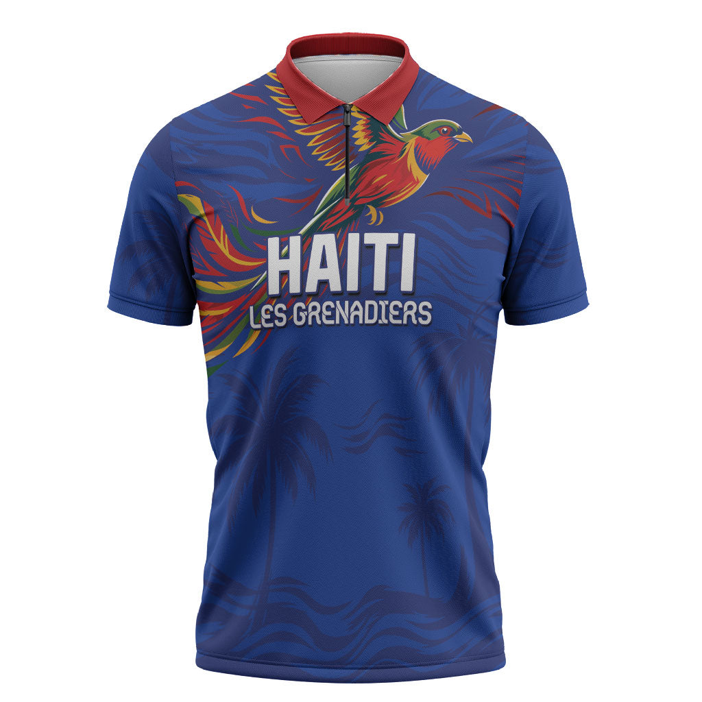 Haiti Heritage Football 2026 Custom Zipper Polo Shirt Hispaniolan Trogon Bird