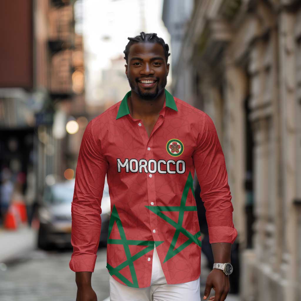 Custom Morocco Heritage Football Long Sleeve Button Shirt Road To Champion