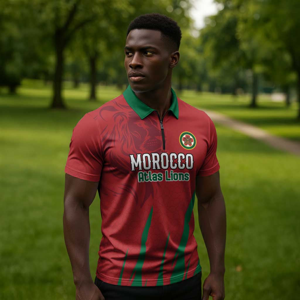 Custom Morocco Football Zipper Polo Shirt Atlas Lions Road To Champion
