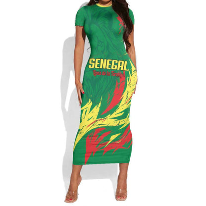 Senegal Football Pride Custom Short Sleeve Bodycon Dress Les Lions de la Teranga