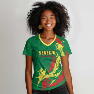 Senegal Football Pride Custom Women V-Neck T-Shirt Les Lions de la Teranga