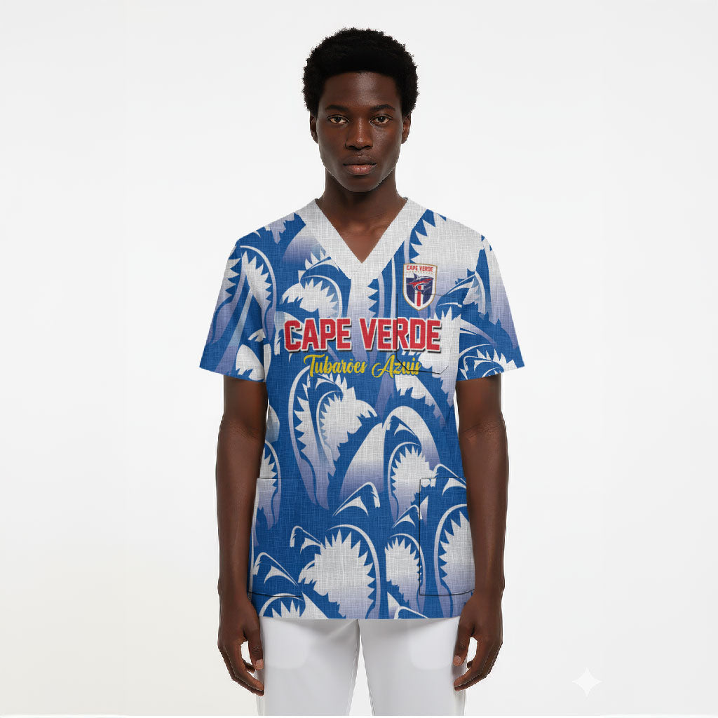 Custom Football Cape Verde Blue Sharks Scrub Top Rise Again Island