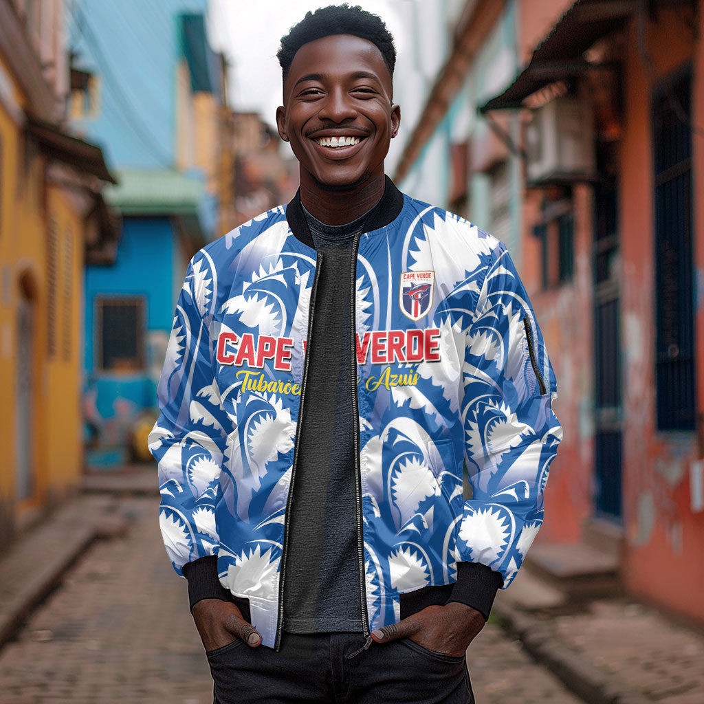 Custom Football Cape Verde Blue Sharks Sleeve Zip Bomber Jacket Rise Again Island