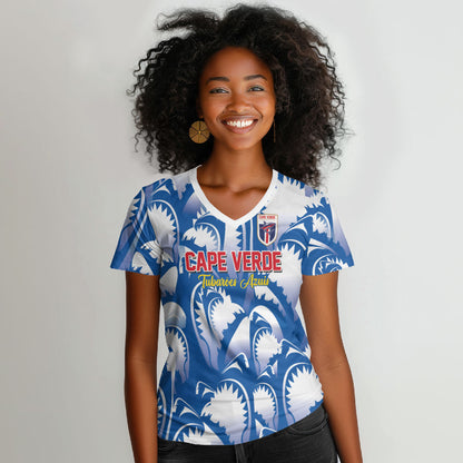 Custom Football Cape Verde Blue Sharks Women V-Neck T-Shirt Rise Again Island