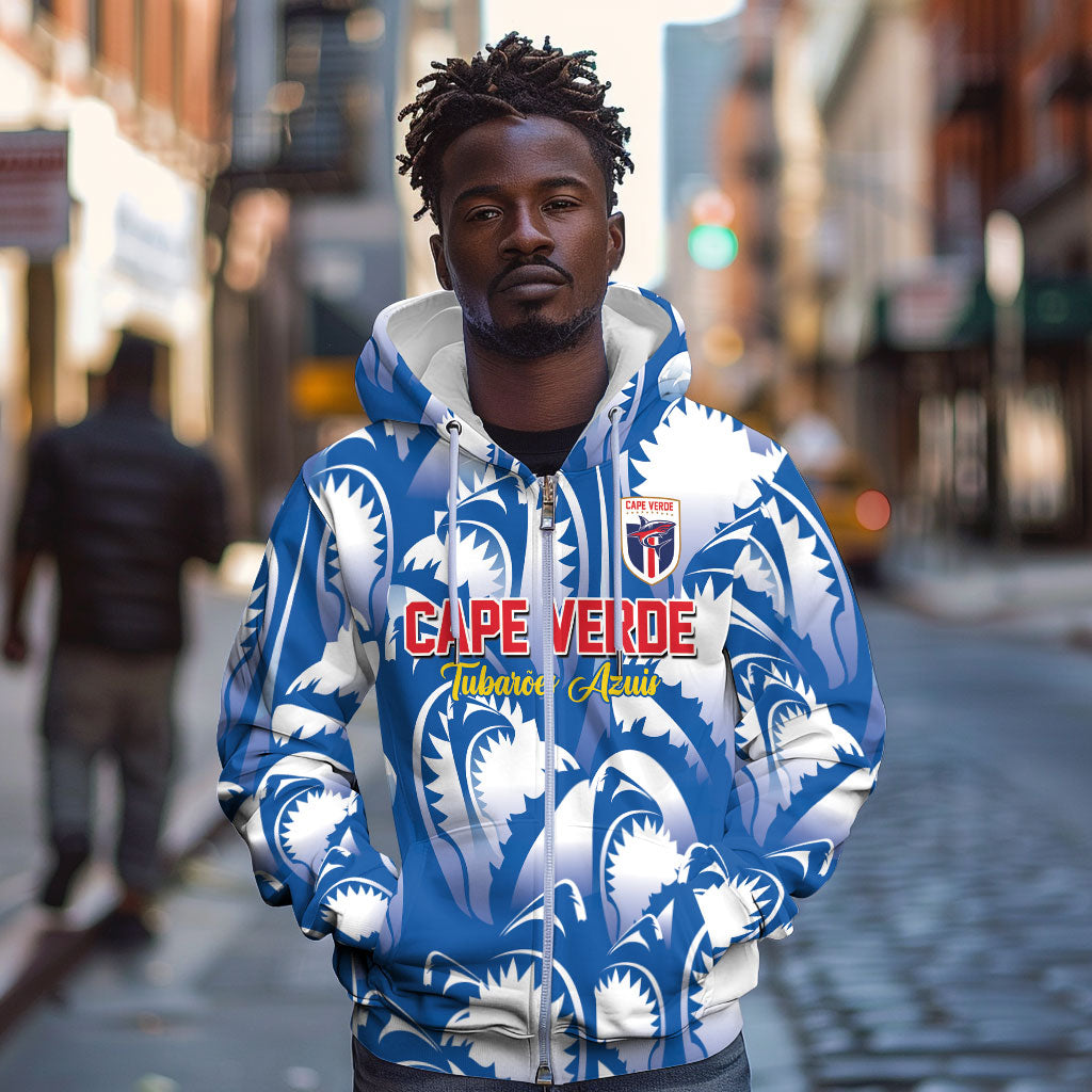 Custom Football Cape Verde Blue Sharks Zip Hoodie Rise Again Island
