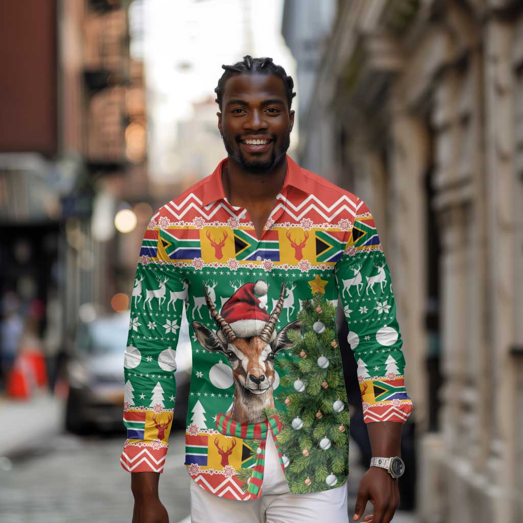 South Africa Springbok Long Sleeve Button Shirt Christmas Tree - Lightning Art