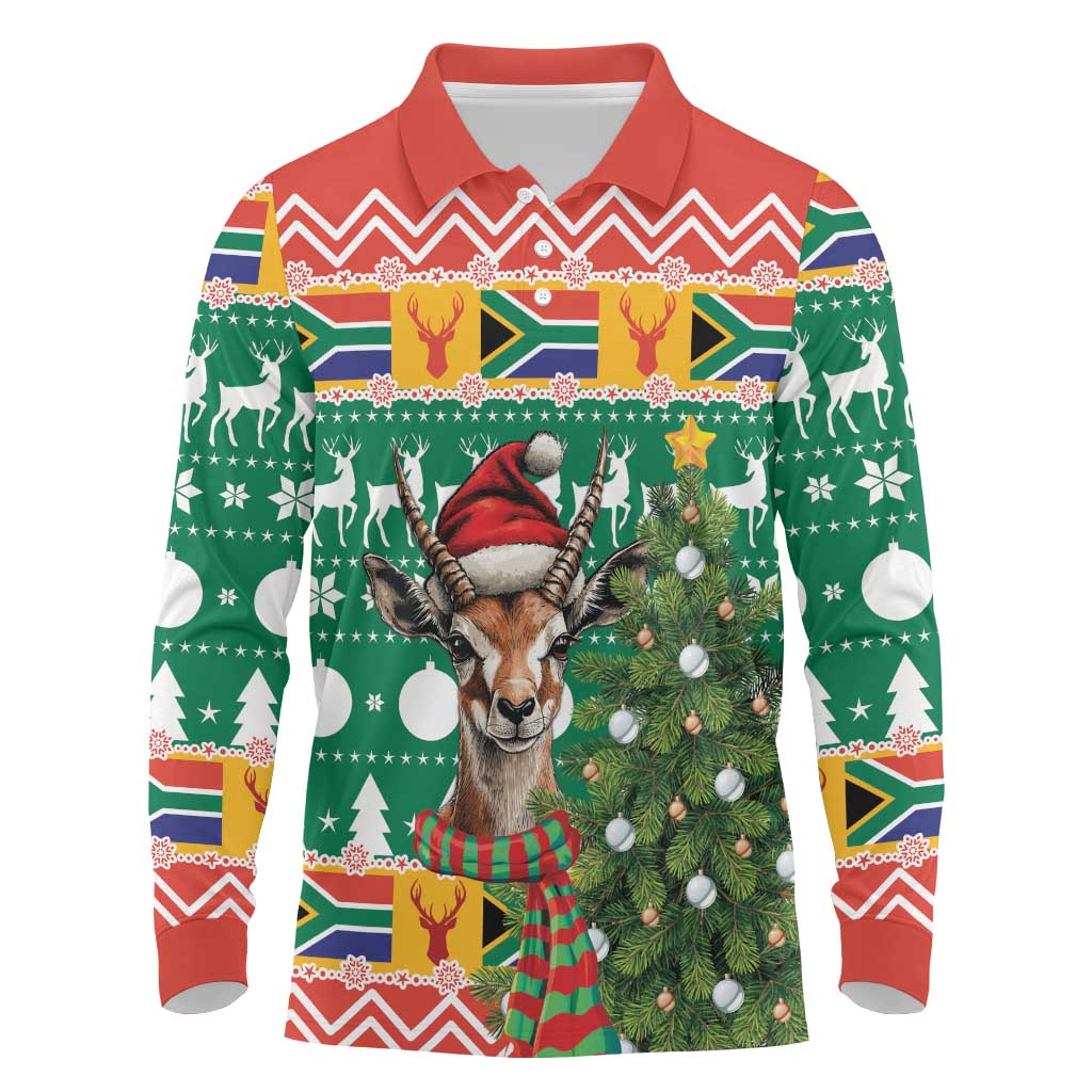 South Africa Springbok Long Sleeve Polo Shirt Christmas Tree - Lightning Art