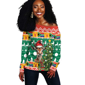 South Africa Springbok Off Shoulder Sweater Christmas Tree - Lightning Art