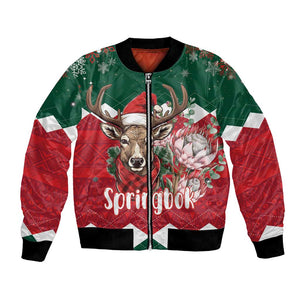 Personalized South Africa Merry Christmas Bomber Jacket Springbok With King Protea