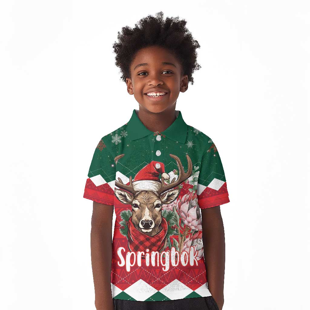 Personalized South Africa Merry Christmas Kid Polo Shirt Springbok With King Protea