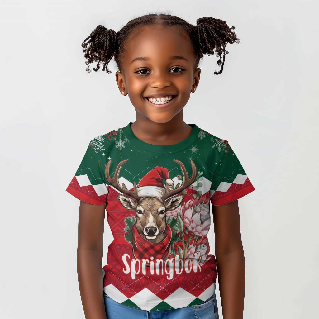 Personalized South Africa Merry Christmas Kid T shirt Springbok With King Protea