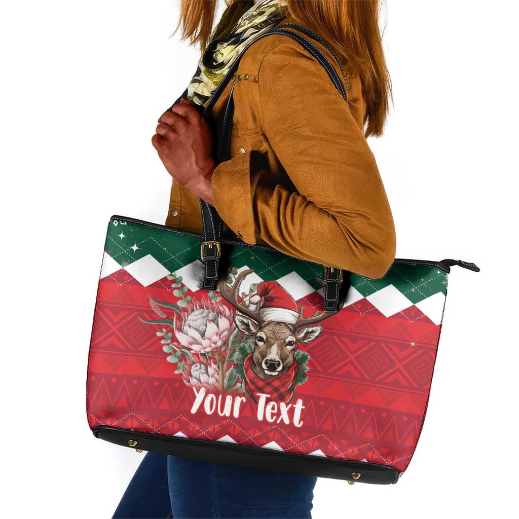 Personalized South Africa Merry Christmas Leather Tote Bag Springbok With King Protea