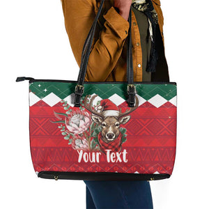 Personalized South Africa Merry Christmas Leather Tote Bag Springbok With King Protea