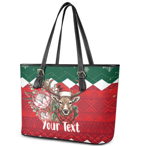 Personalized South Africa Merry Christmas Leather Tote Bag Springbok With King Protea