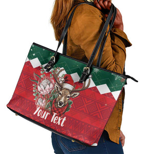 Personalized South Africa Merry Christmas Leather Tote Bag Springbok With King Protea