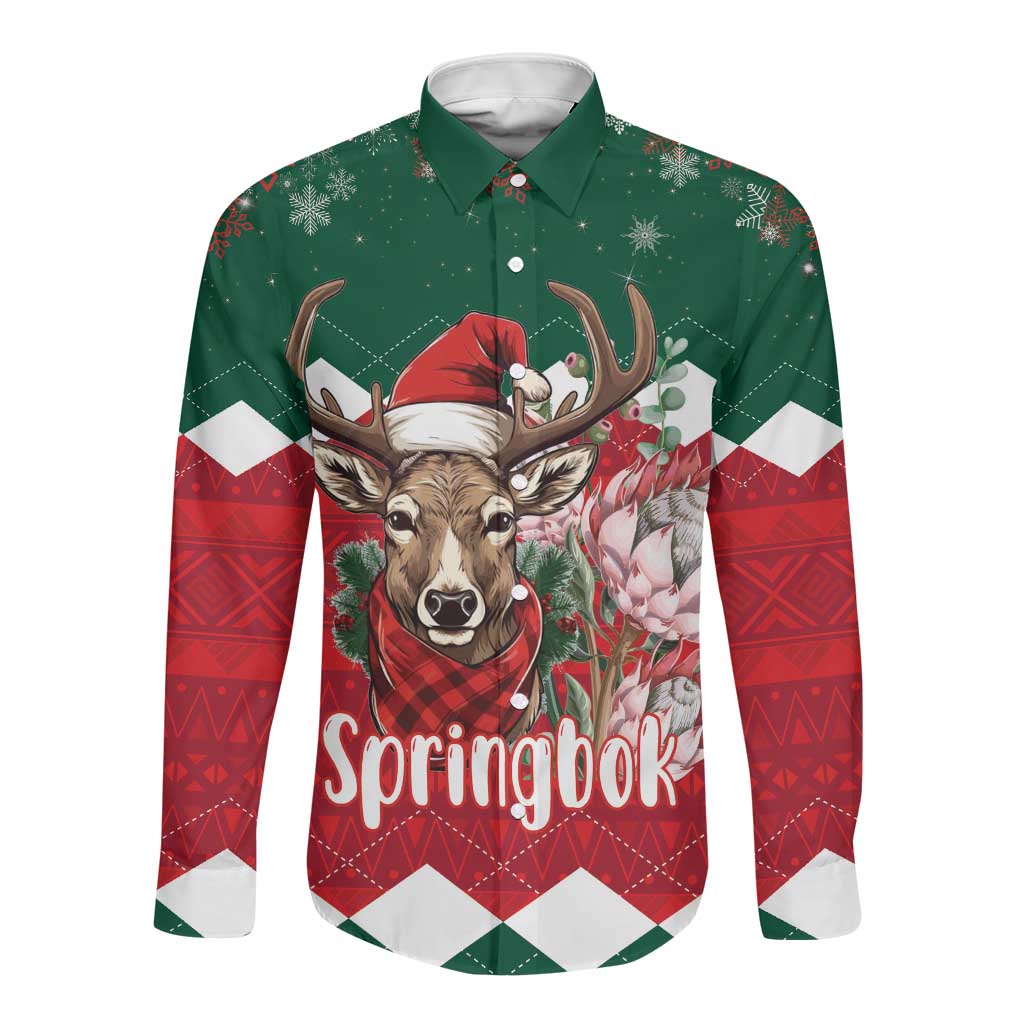 Personalized South Africa Merry Christmas Long Sleeve Button Shirt Springbok With King Protea