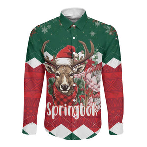 Personalized South Africa Merry Christmas Long Sleeve Button Shirt Springbok With King Protea