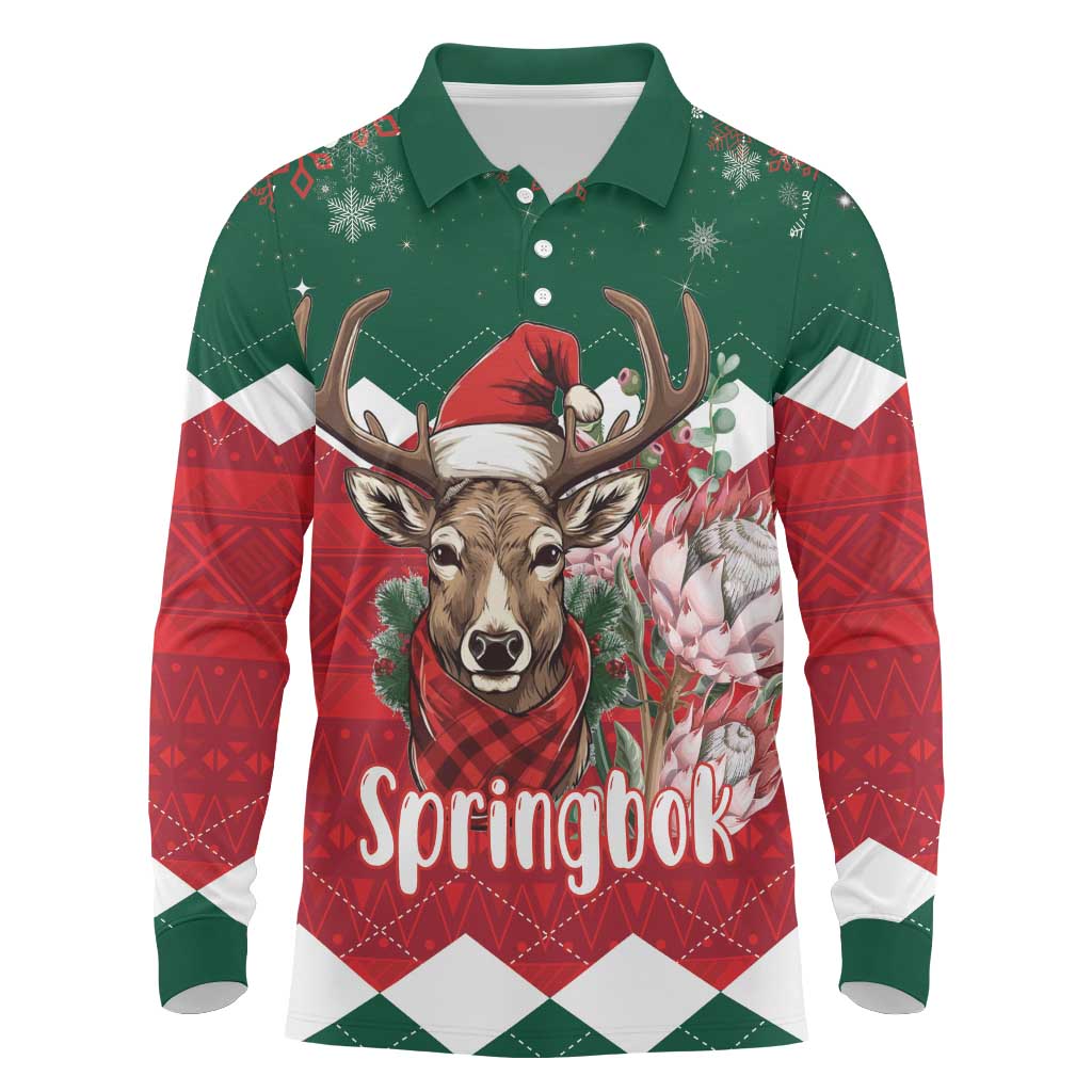 Personalized South Africa Merry Christmas Long Sleeve Polo Shirt Springbok With King Protea