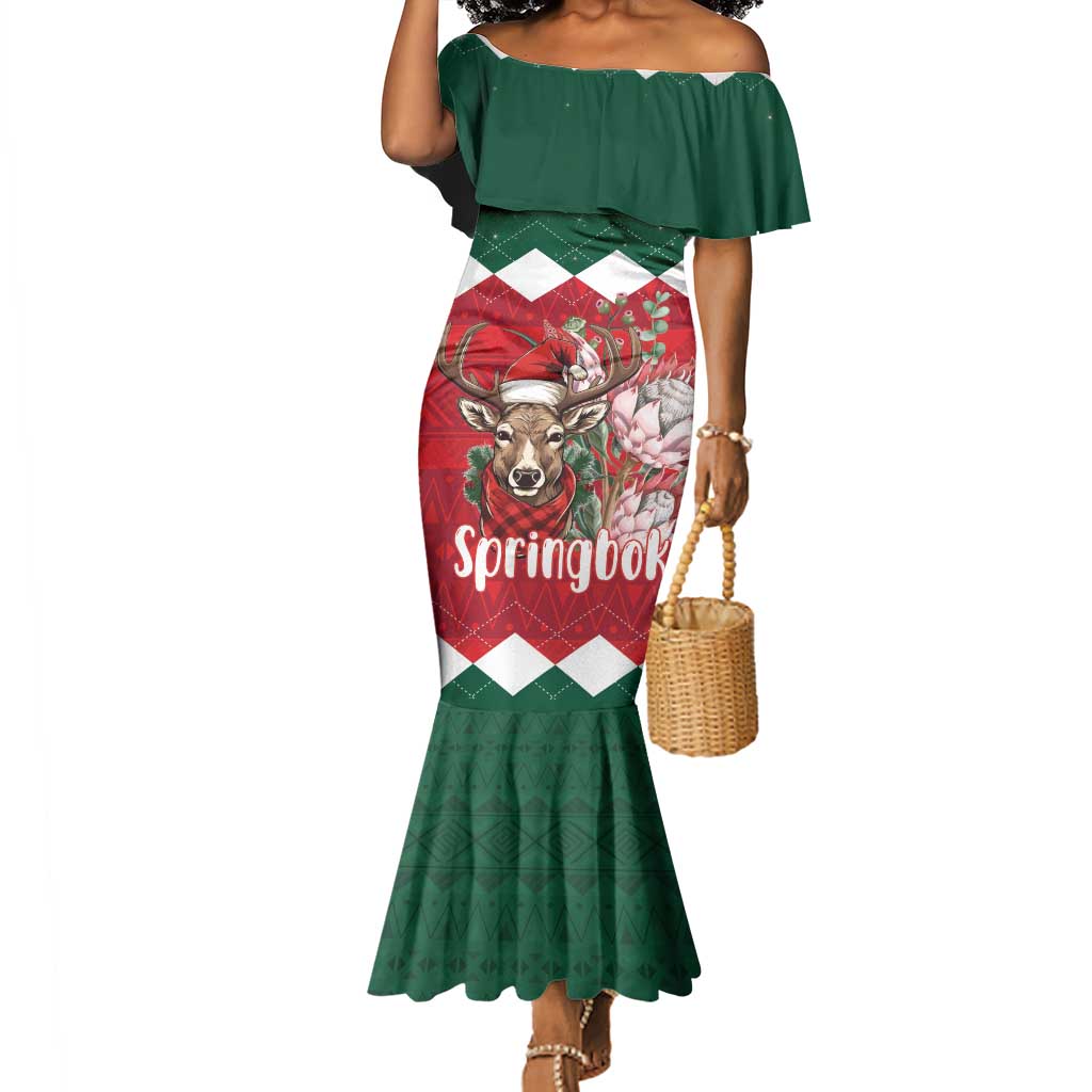 Personalized South Africa Merry Christmas Mermaid Dress Springbok With King Protea