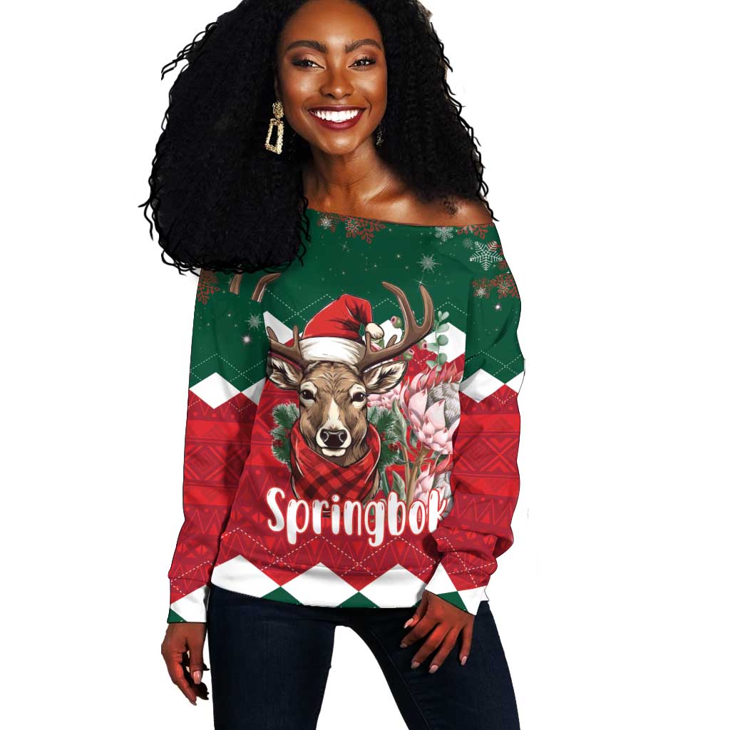 Personalized South Africa Merry Christmas Off Shoulder Sweater Springbok With King Protea