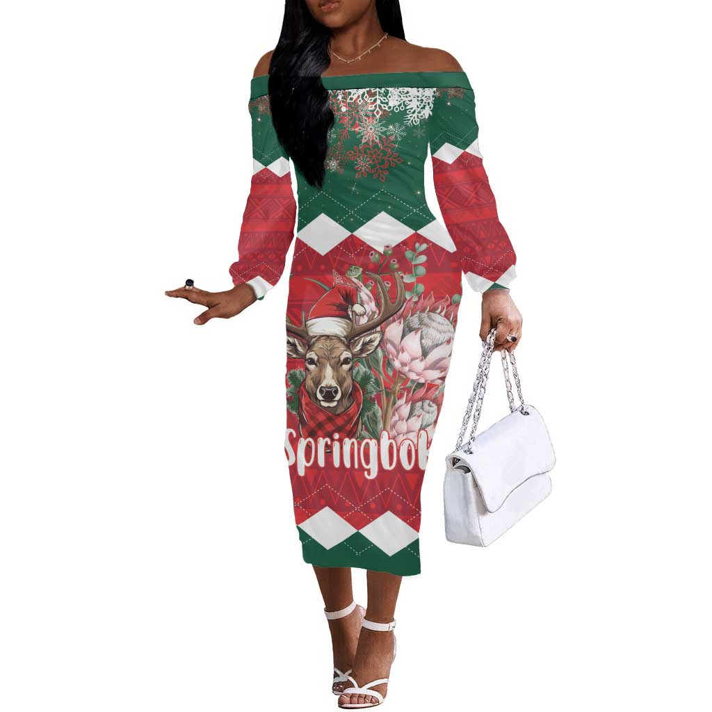 Personalized South Africa Merry Christmas Off The Shoulder Long Sleeve Dress Springbok With King Protea