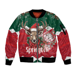 Personalized South Africa Merry Christmas Sleeve Zip Bomber Jacket Springbok With King Protea