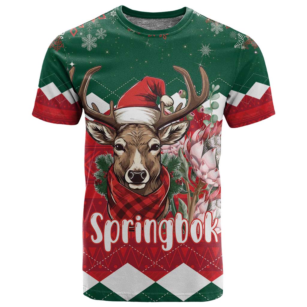 Personalized South Africa Merry Christmas T shirt Springbok With King Protea