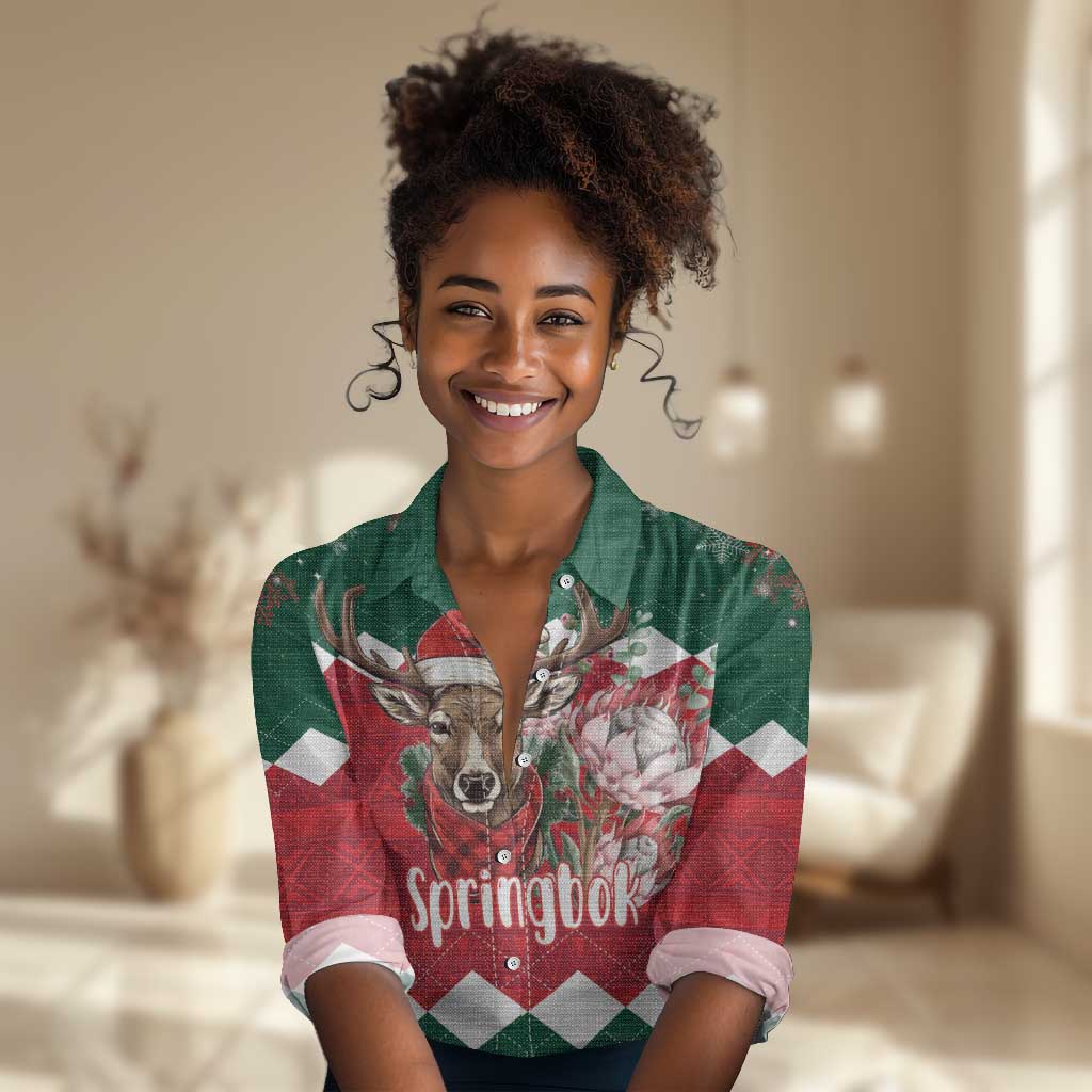 Personalized South Africa Merry Christmas Women Casual Shirt Springbok With King Protea