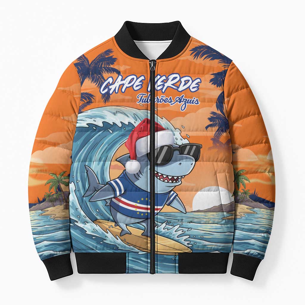 Christmas Cape Verde Bomber Puffer Jacket Funny Shark Surfing