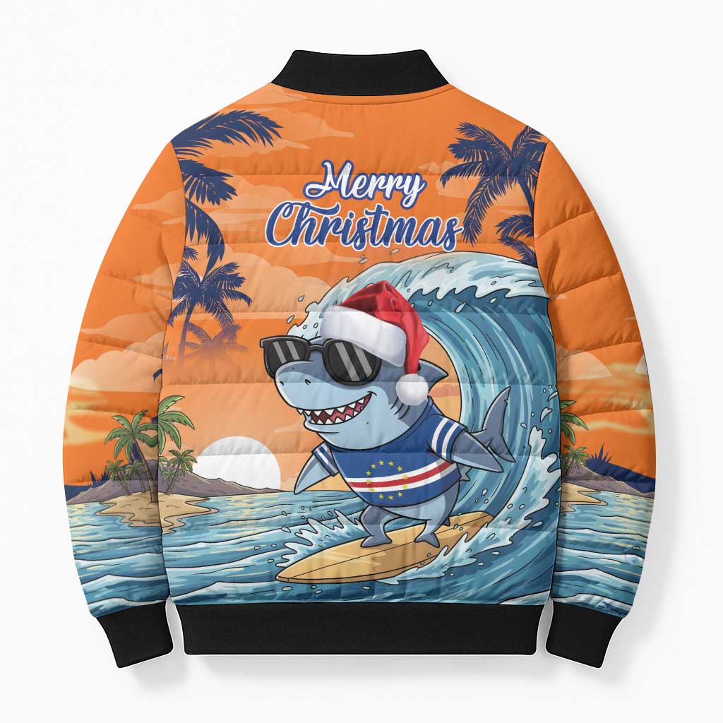 Christmas Cape Verde Bomber Puffer Jacket Funny Shark Surfing
