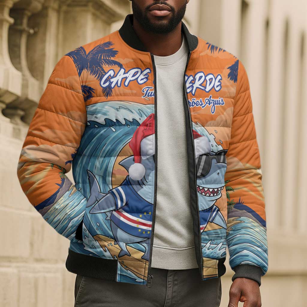 Christmas Cape Verde Bomber Puffer Jacket Funny Shark Surfing