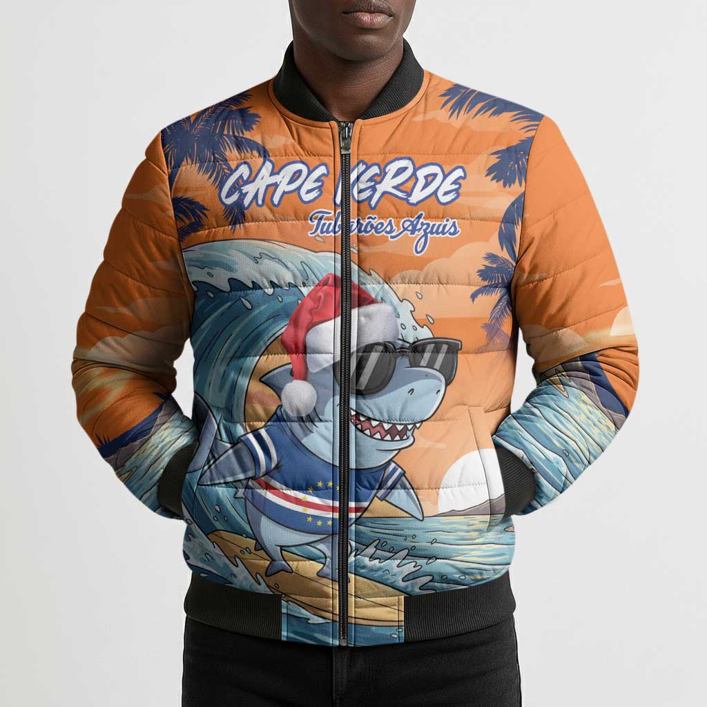 Christmas Cape Verde Bomber Puffer Jacket Funny Shark Surfing