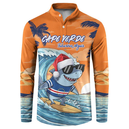 Christmas Cape Verde Button Sweatshirt Funny Shark Surfing