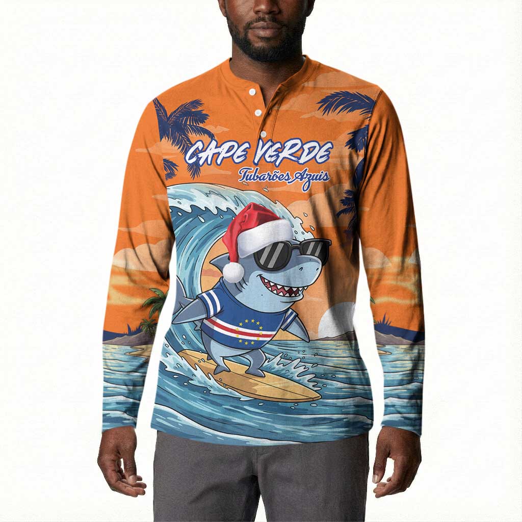 Christmas Cape Verde Button Sweatshirt Funny Shark Surfing