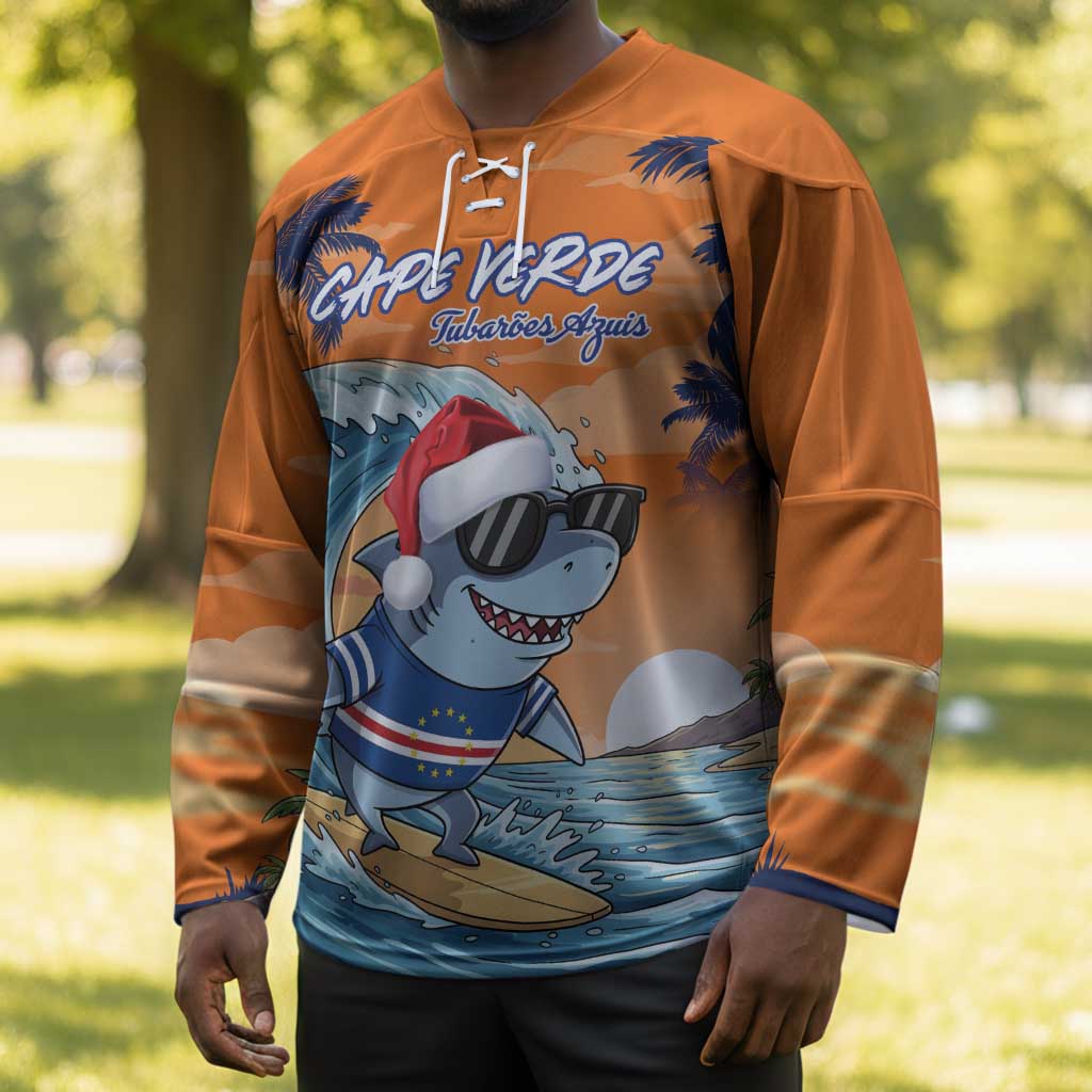Christmas Cape Verde Hockey Jersey Funny Shark Surfing
