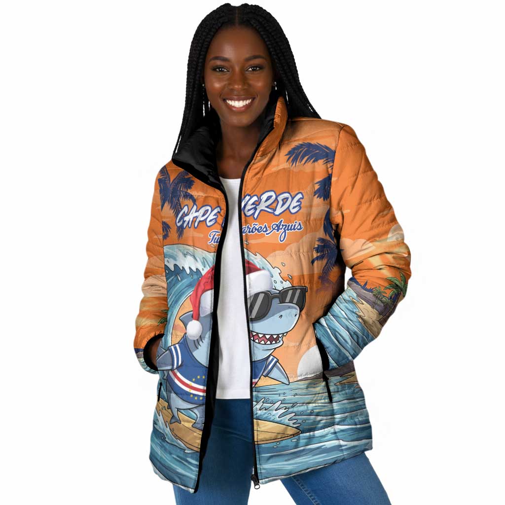 Christmas Cape Verde Padded Jacket Funny Shark Surfing