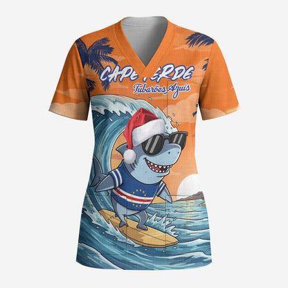 Christmas Cape Verde Scrub Top Funny Shark Surfing - African Pride