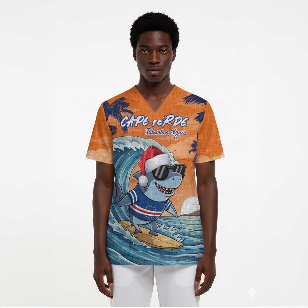 Christmas Cape Verde Scrub Top Funny Shark Surfing - African Pride