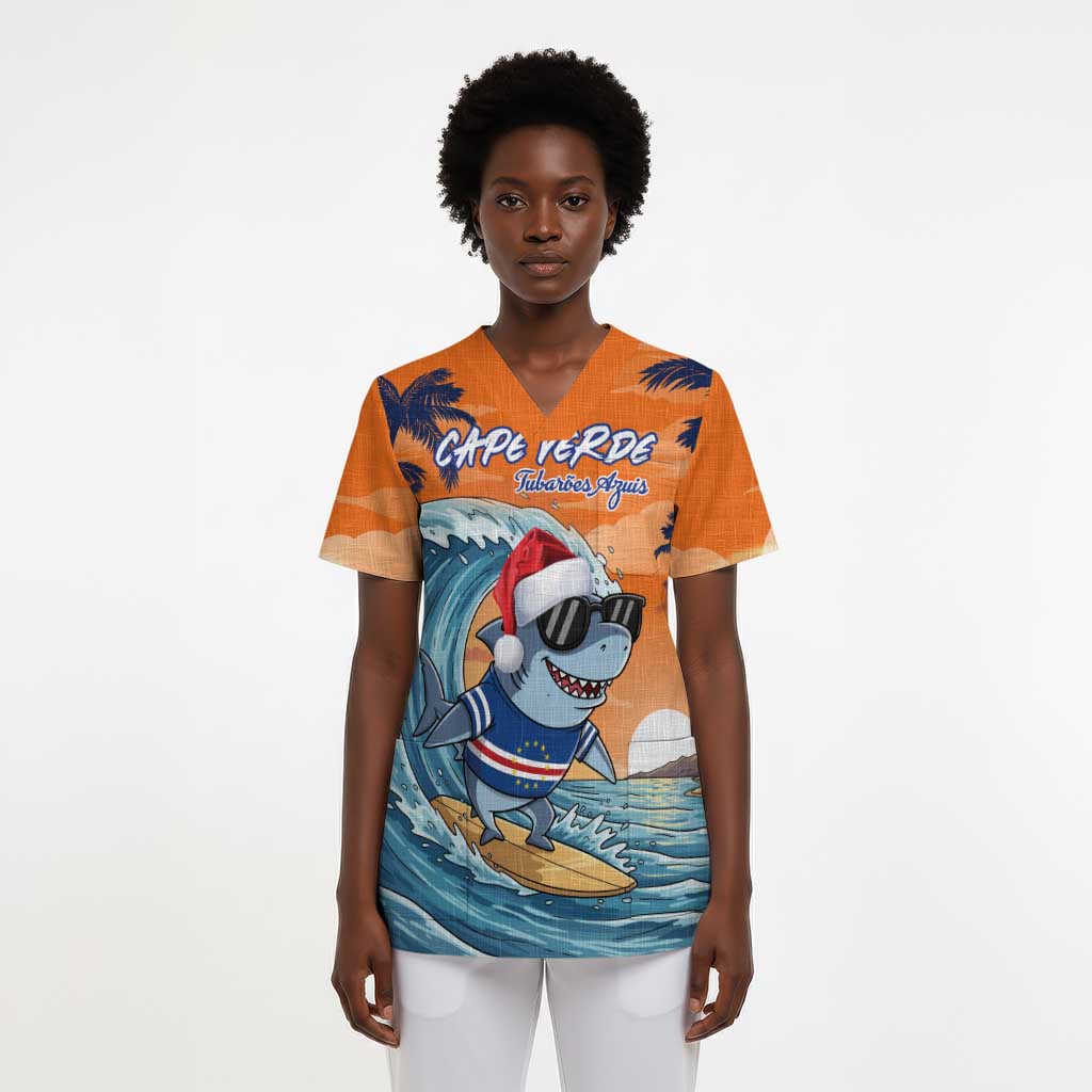 Christmas Cape Verde Scrub Top Funny Shark Surfing - African Pride