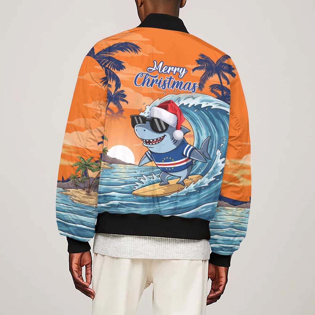 Christmas Cape Verde Sleeve Zip Bomber Jacket Funny Shark Surfing - African Pride