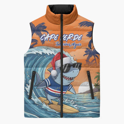 Christmas Cape Verde Sleeveless Puffer Jacket Funny Shark Surfing