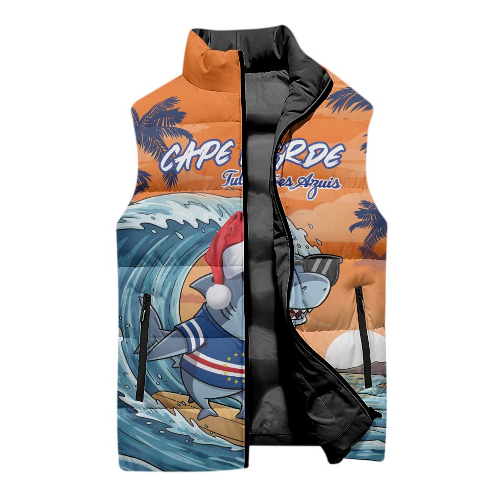 Christmas Cape Verde Sleeveless Puffer Jacket Funny Shark Surfing
