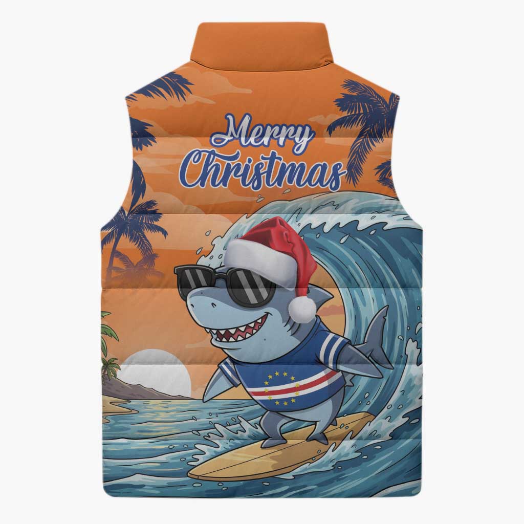 Christmas Cape Verde Sleeveless Puffer Jacket Funny Shark Surfing