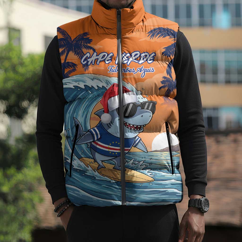 Christmas Cape Verde Sleeveless Puffer Jacket Funny Shark Surfing