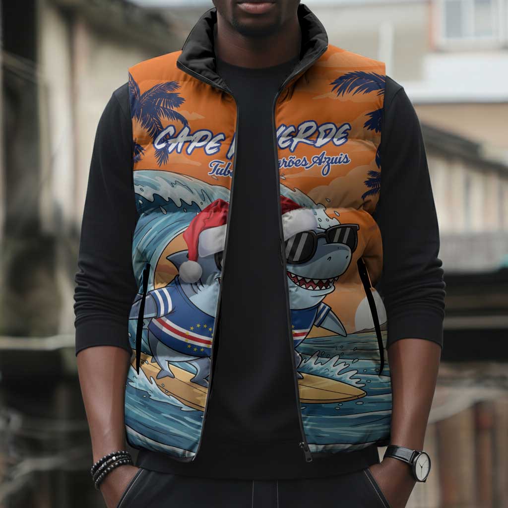 Christmas Cape Verde Sleeveless Puffer Jacket Funny Shark Surfing