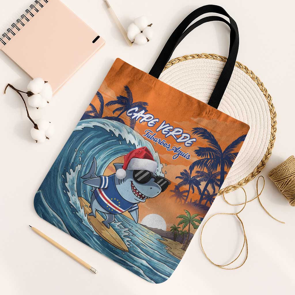 Christmas Cape Verde Tote Bag Funny Shark Surfing