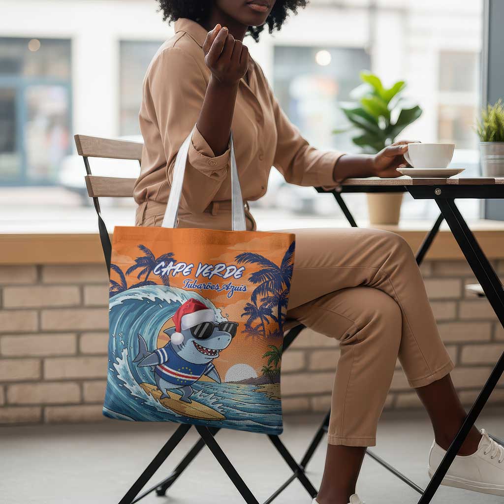Christmas Cape Verde Tote Bag Funny Shark Surfing