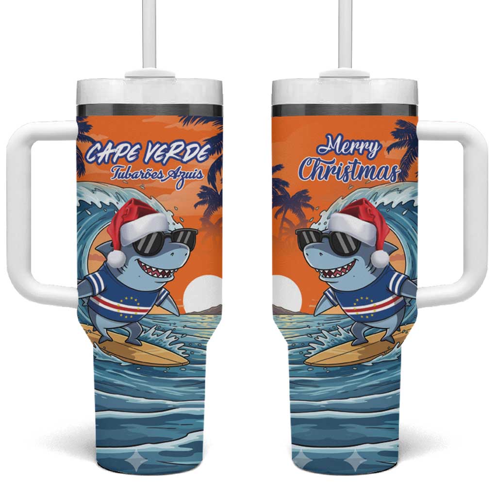 Christmas Cape Verde Tumbler With Handle Funny Shark Surfing - African Pride