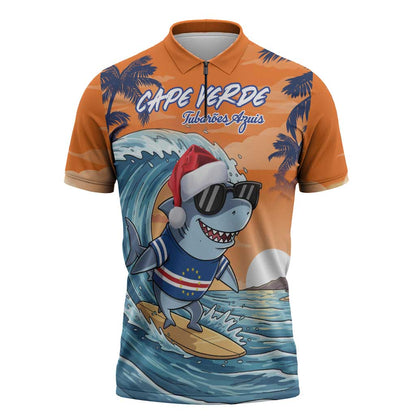 Christmas Cape Verde Zipper Polo Shirt Funny Shark Surfing