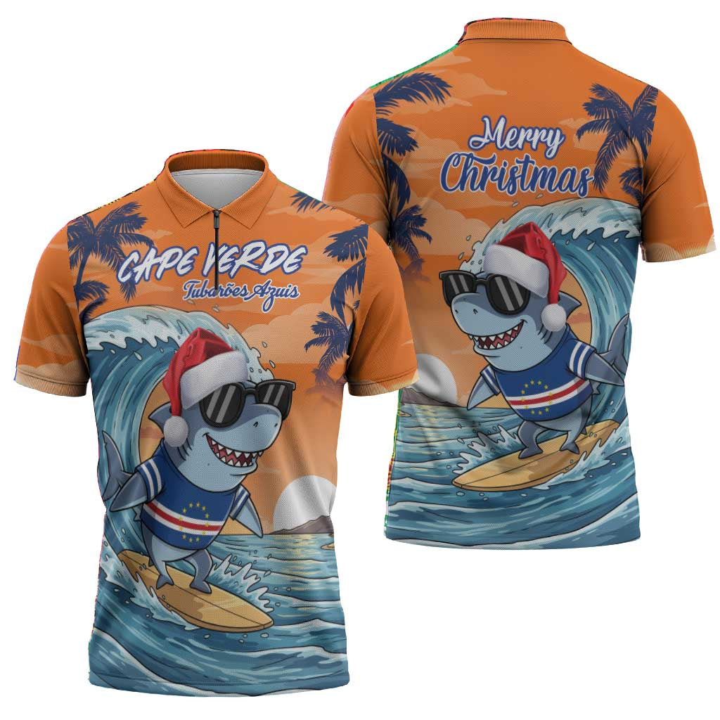 Christmas Cape Verde Zipper Polo Shirt Funny Shark Surfing